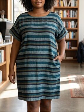 Eileen Fisher Teal and Navy Striped organic linen Shift Dress Large